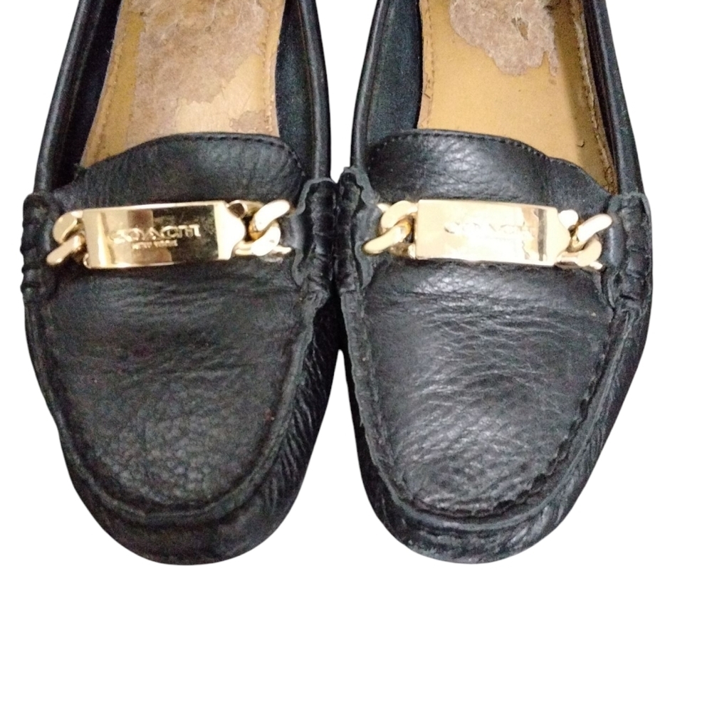 Coach Black Leather Loafers with Gold Accent - Picture 3 of 11